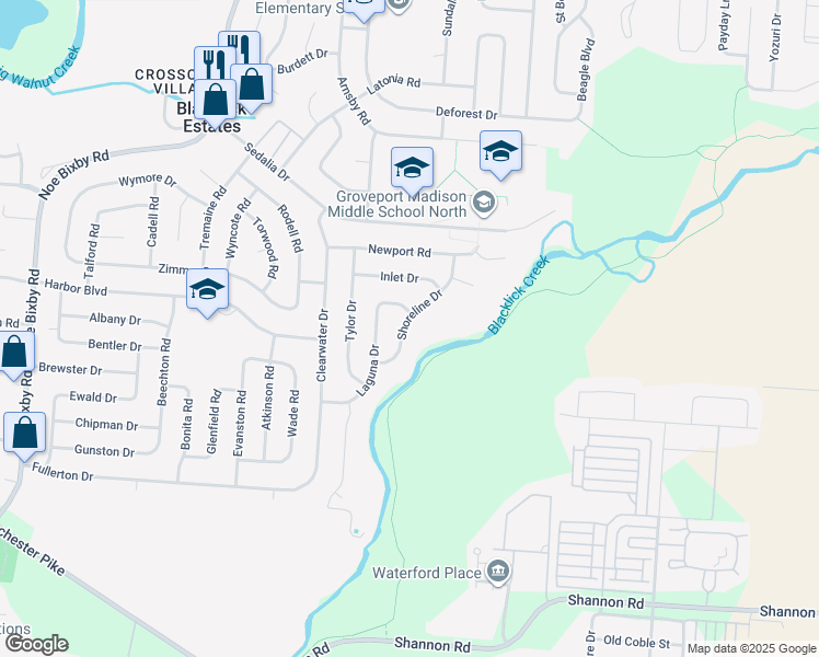 map of restaurants, bars, coffee shops, grocery stores, and more near 3740 Shoreline Drive in Columbus