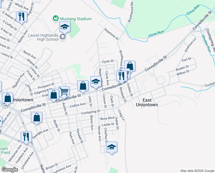 map of restaurants, bars, coffee shops, grocery stores, and more near 355 Connellsville Street in Uniontown