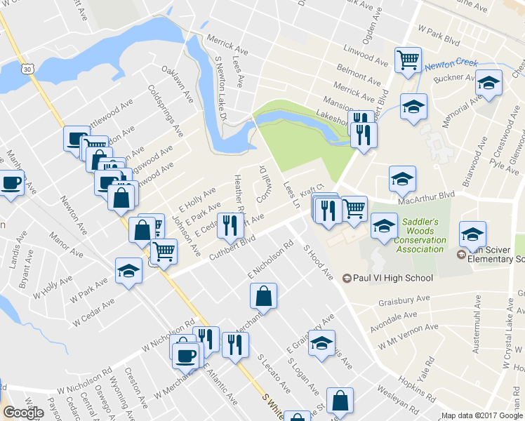 map of restaurants, bars, coffee shops, grocery stores, and more near 201 East Kraft Avenue in Oaklyn