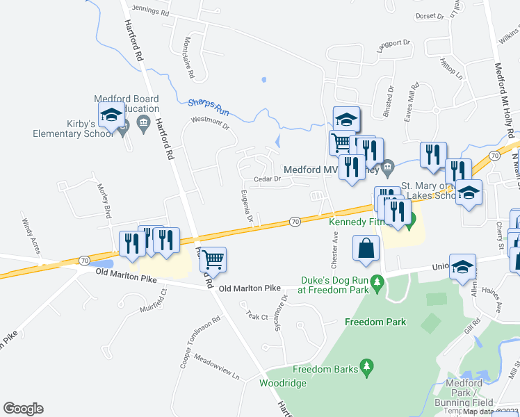 map of restaurants, bars, coffee shops, grocery stores, and more near 159 New Jersey 70 in Medford