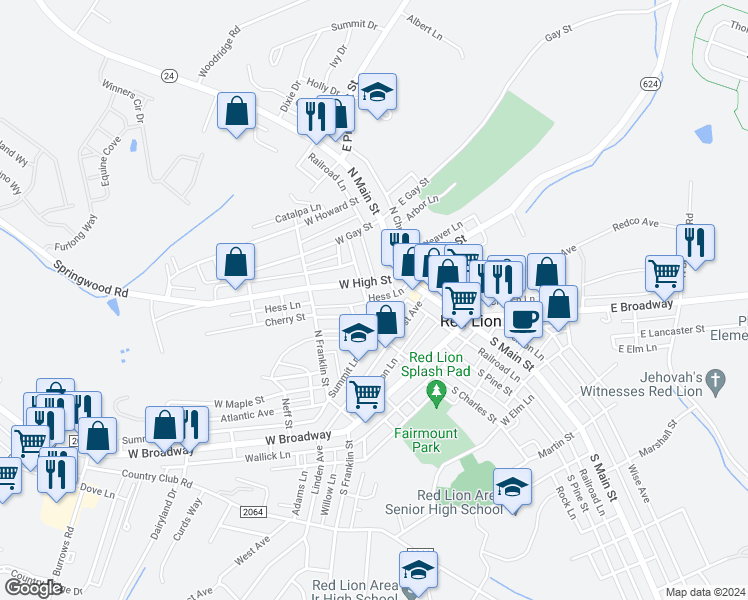 map of restaurants, bars, coffee shops, grocery stores, and more near 151 North Charles Street in Red Lion