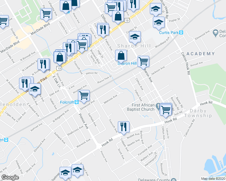 map of restaurants, bars, coffee shops, grocery stores, and more near 1401 Elmwood Avenue in Sharon Hill