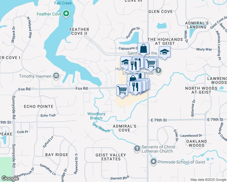 map of restaurants, bars, coffee shops, grocery stores, and more near 11543 Sunset Cove Court in Indianapolis