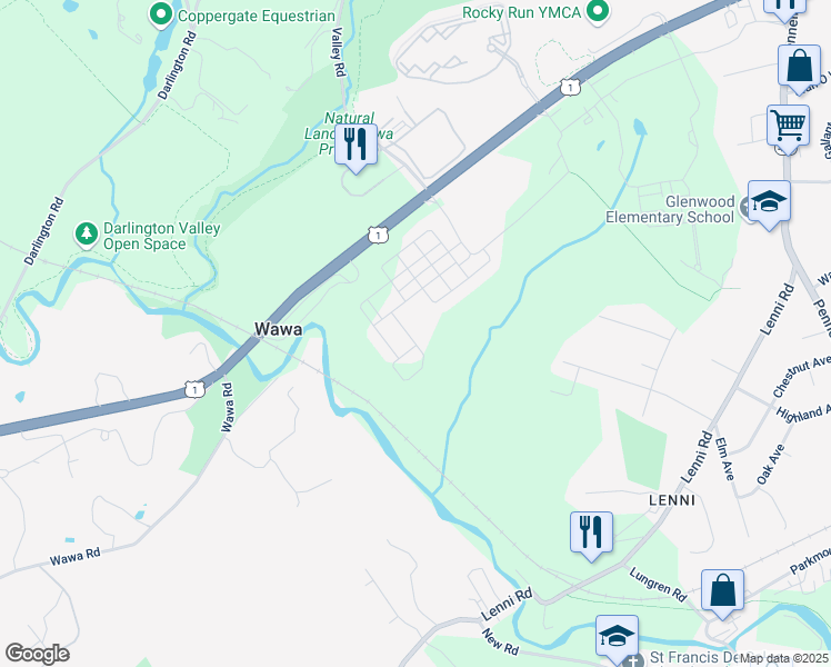 map of restaurants, bars, coffee shops, grocery stores, and more near 712 Switchman Road in Media