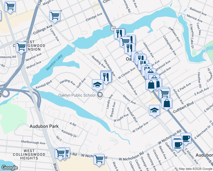 map of restaurants, bars, coffee shops, grocery stores, and more near 204 West Clinton Avenue in Oaklyn
