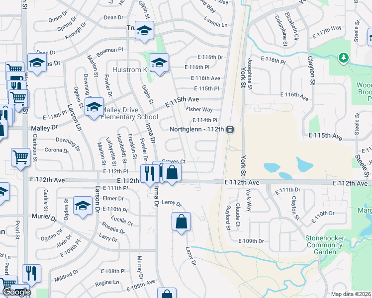 map of restaurants, bars, coffee shops, grocery stores, and more near 11312 High Street in Northglenn