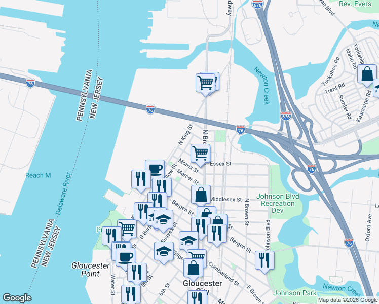 map of restaurants, bars, coffee shops, grocery stores, and more near 231 Essex Street in Gloucester City
