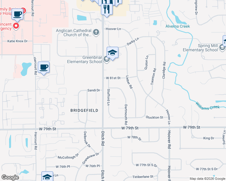 map of restaurants, bars, coffee shops, grocery stores, and more near 8088 Dartmouth Road in Indianapolis