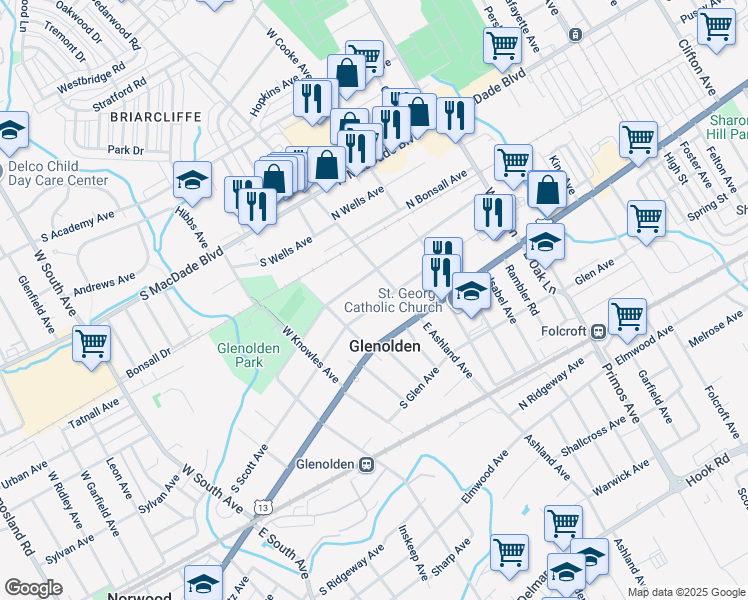 map of restaurants, bars, coffee shops, grocery stores, and more near 22 South Scott Avenue in Glenolden