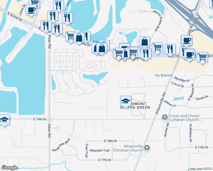 map of restaurants, bars, coffee shops, grocery stores, and more near 4705 Ellery Lane in Indianapolis