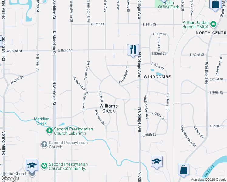 map of restaurants, bars, coffee shops, grocery stores, and more near 550 Forest Boulevard in Indianapolis