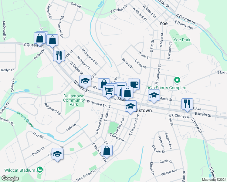 map of restaurants, bars, coffee shops, grocery stores, and more near 19 North Walnut Street in Dallastown