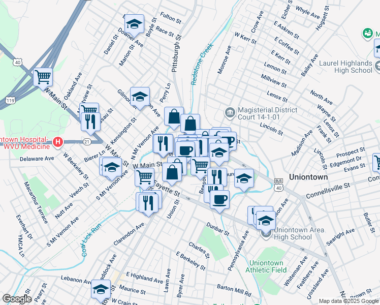 map of restaurants, bars, coffee shops, grocery stores, and more near 33 West Peter Street in Uniontown