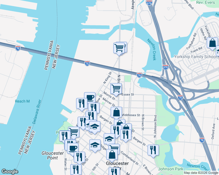 map of restaurants, bars, coffee shops, grocery stores, and more near 231 Essex Street in Gloucester City
