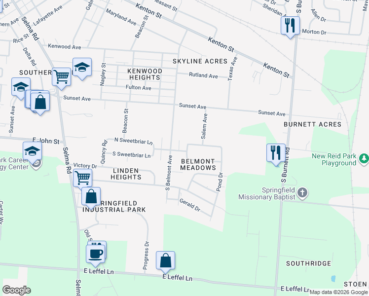 map of restaurants, bars, coffee shops, grocery stores, and more near 2030 Sweetbriar Lane in Springfield