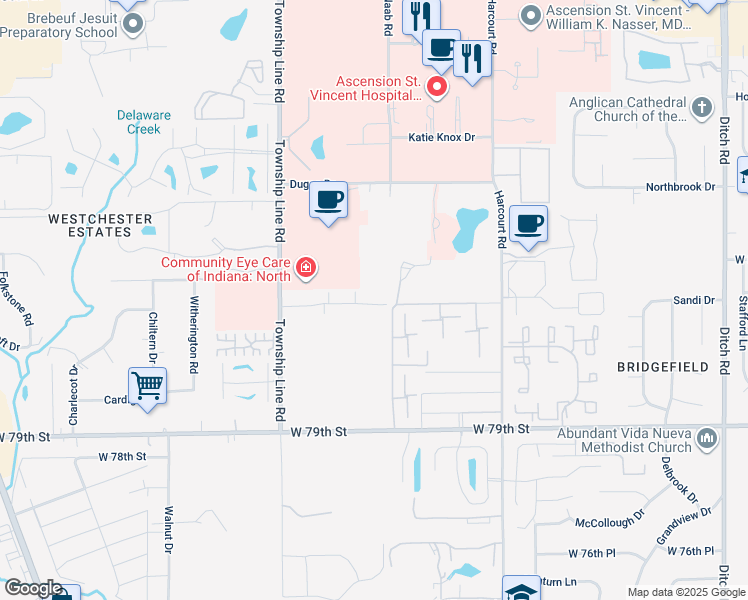 map of restaurants, bars, coffee shops, grocery stores, and more near 2200 Woodglen Drive in Indianapolis