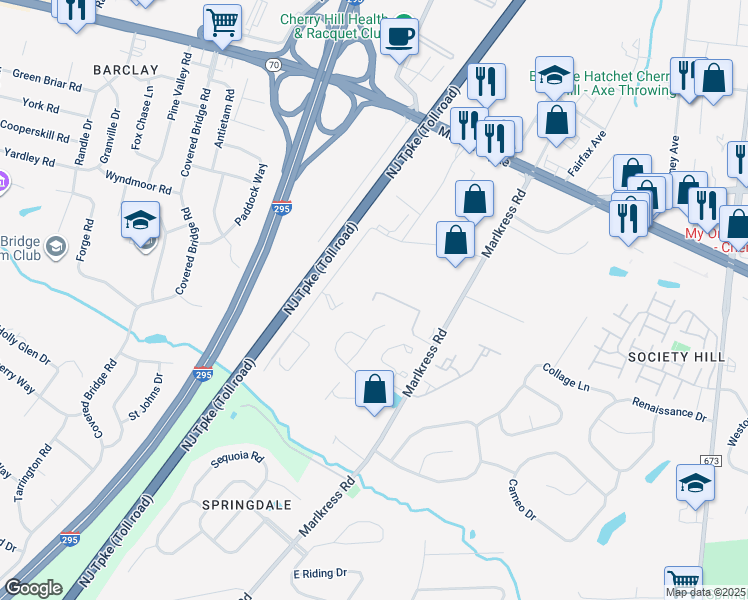 map of restaurants, bars, coffee shops, grocery stores, and more near 1725 Abbey Road in Cherry Hill