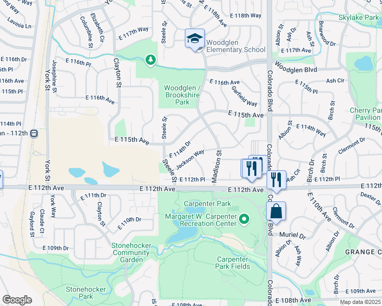 map of restaurants, bars, coffee shops, grocery stores, and more near 3342 East 114th Drive in Thornton