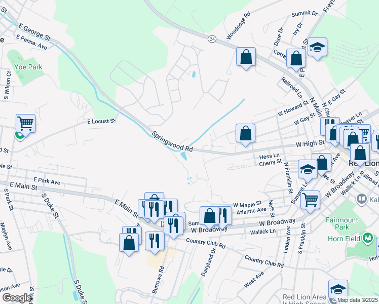 map of restaurants, bars, coffee shops, grocery stores, and more near 3570 Springwood Road in Red Lion