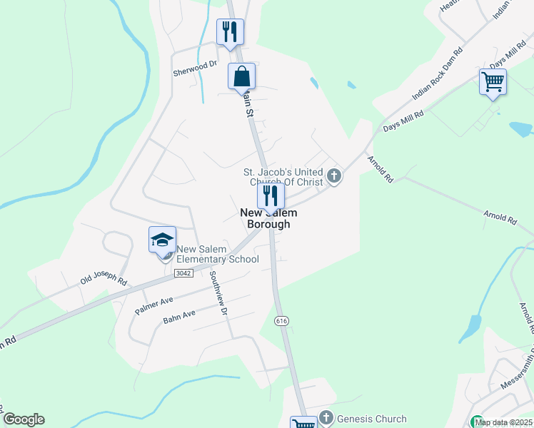 map of restaurants, bars, coffee shops, grocery stores, and more near 12 North Main Street in New Salem Borough