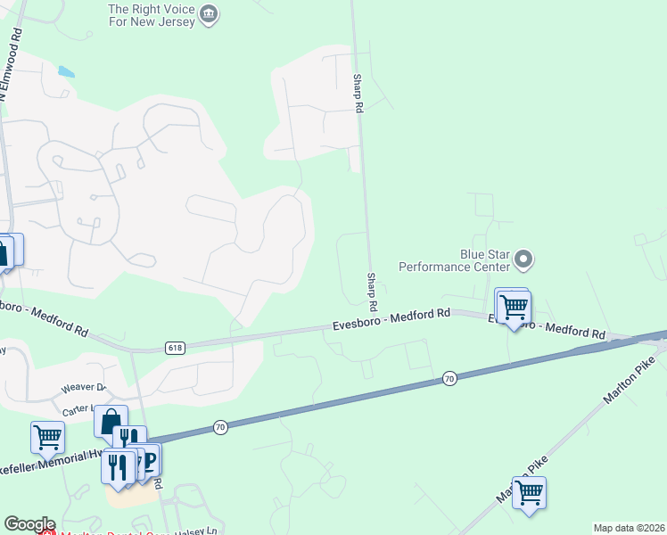 map of restaurants, bars, coffee shops, grocery stores, and more near 18 Carrington Way in Evesham