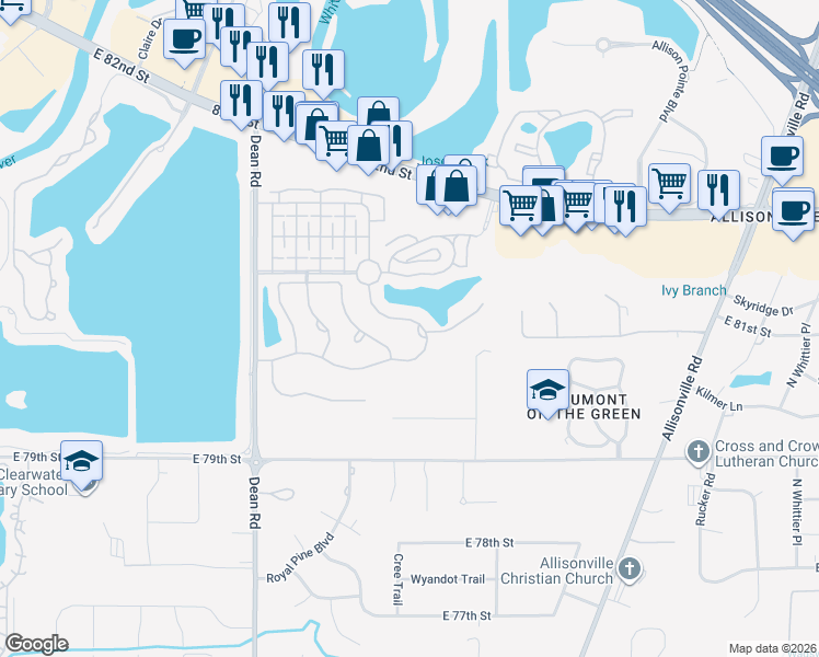 map of restaurants, bars, coffee shops, grocery stores, and more near 8036 Heyward Drive in Indianapolis
