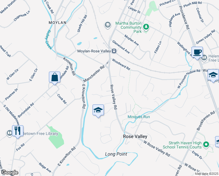 map of restaurants, bars, coffee shops, grocery stores, and more near 17 Rose Valley Road in Media