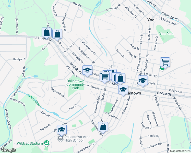 map of restaurants, bars, coffee shops, grocery stores, and more near 41 East Main Street in Dallastown