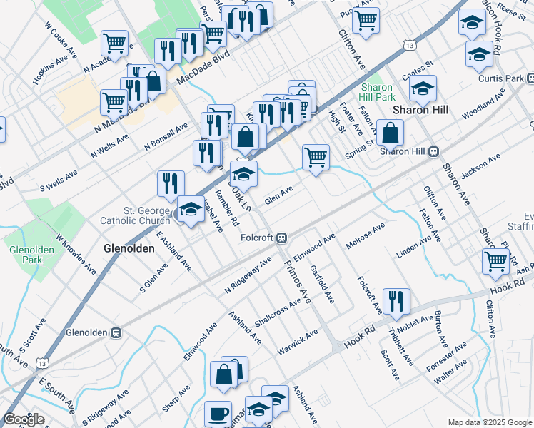map of restaurants, bars, coffee shops, grocery stores, and more near 1562 Woodland Avenue in Folcroft