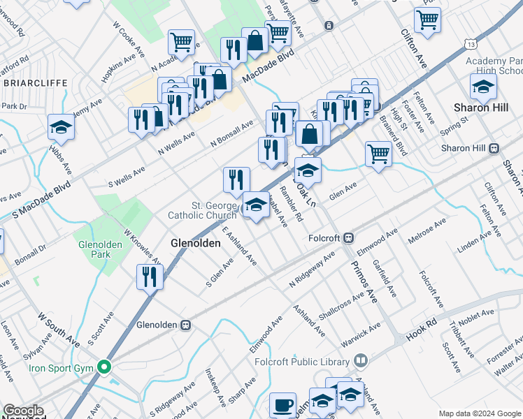 map of restaurants, bars, coffee shops, grocery stores, and more near 17 East Cooke Avenue in Glenolden