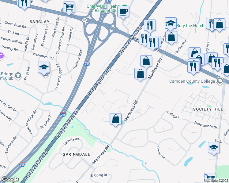 map of restaurants, bars, coffee shops, grocery stores, and more near 1700 Abbey Road in Cherry Hill