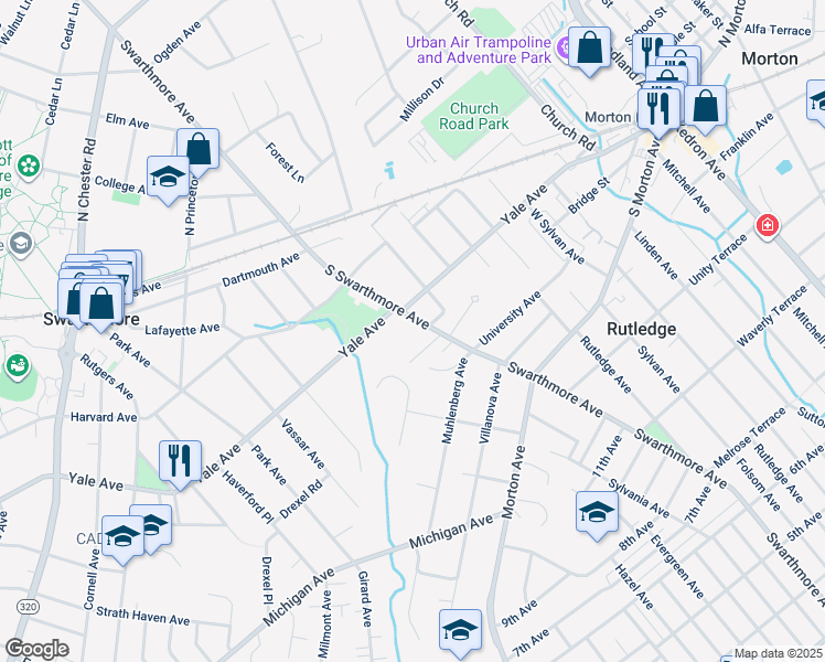 map of restaurants, bars, coffee shops, grocery stores, and more near 320 South Swarthmore Avenue in Swarthmore