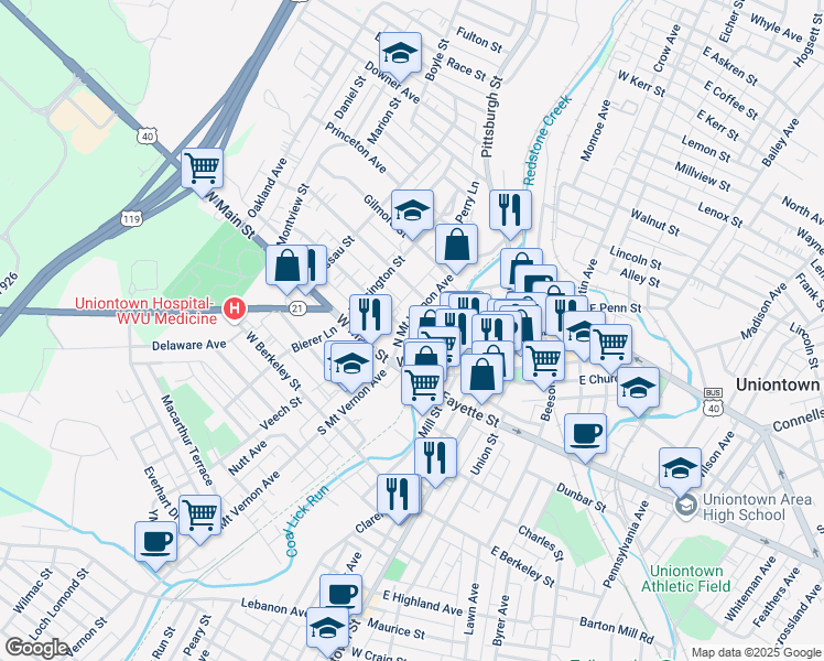 map of restaurants, bars, coffee shops, grocery stores, and more near 22 North Mount Vernon Avenue in Uniontown