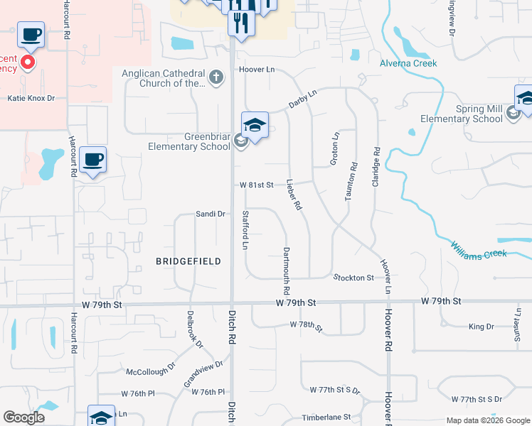 map of restaurants, bars, coffee shops, grocery stores, and more near 8088 Dartmouth Road in Indianapolis