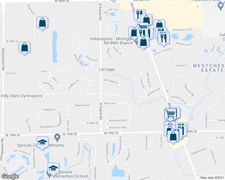 map of restaurants, bars, coffee shops, grocery stores, and more near 3810 Pebble Creek Drive in Indianapolis