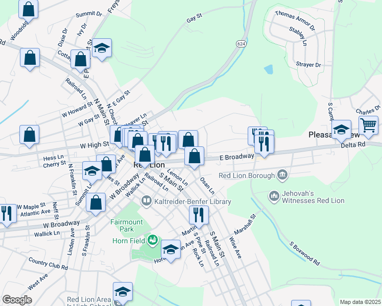 map of restaurants, bars, coffee shops, grocery stores, and more near 206 Church Lane in Red Lion