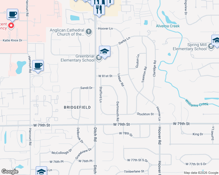map of restaurants, bars, coffee shops, grocery stores, and more near 8088 Dartmouth Road in Indianapolis
