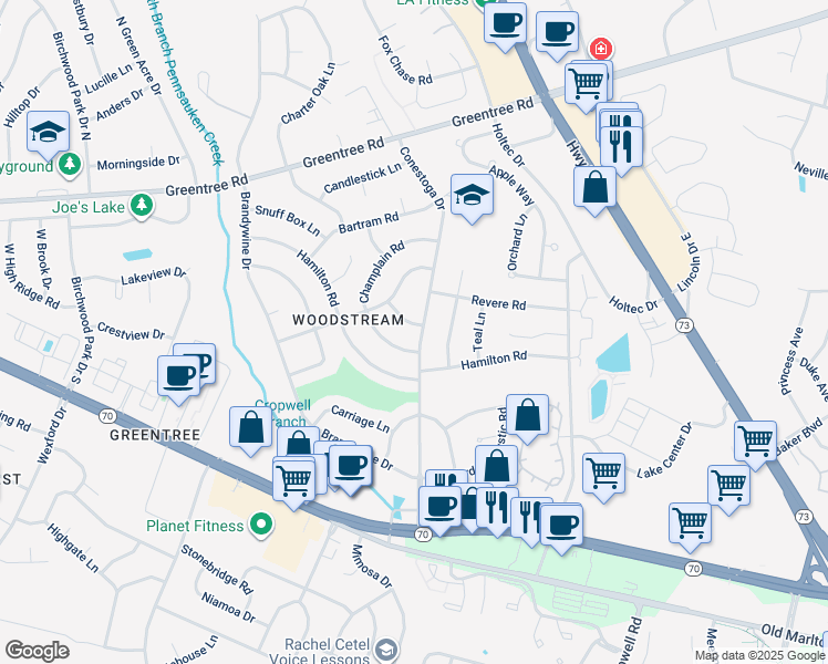 map of restaurants, bars, coffee shops, grocery stores, and more near 219 Conestoga Drive in Evesham Township