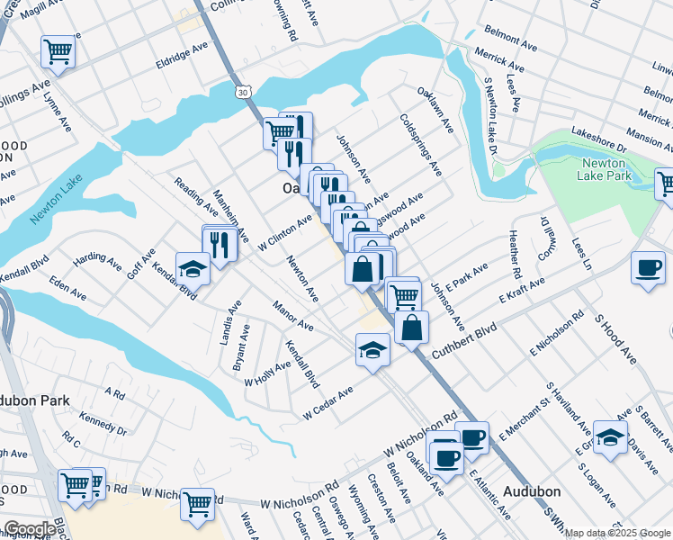 map of restaurants, bars, coffee shops, grocery stores, and more near 16 West Greenwood Avenue in Oaklyn