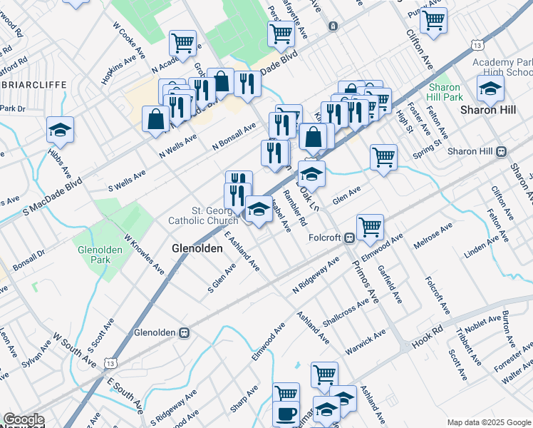 map of restaurants, bars, coffee shops, grocery stores, and more near 17 East Cooke Avenue in Glenolden