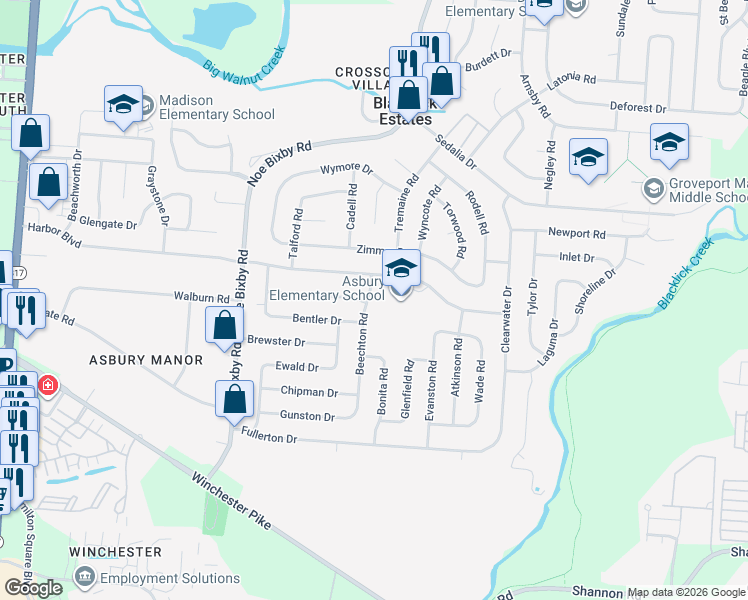 map of restaurants, bars, coffee shops, grocery stores, and more near 3674 Beechton Road in Columbus