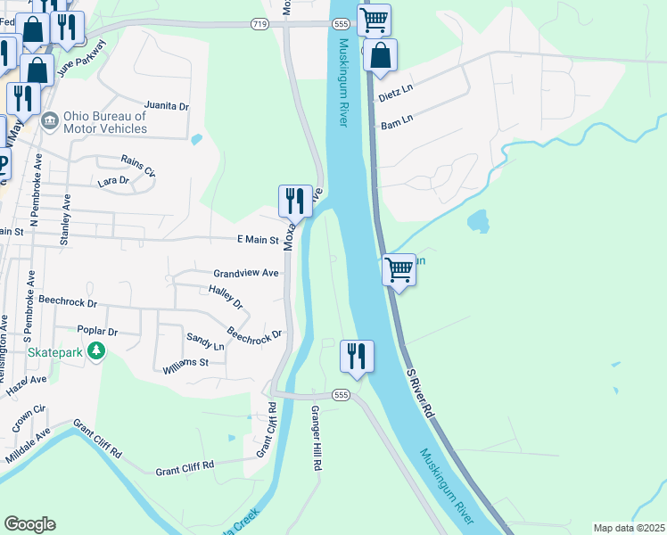 map of restaurants, bars, coffee shops, grocery stores, and more near 2450 Boat Dock Road in Zanesville