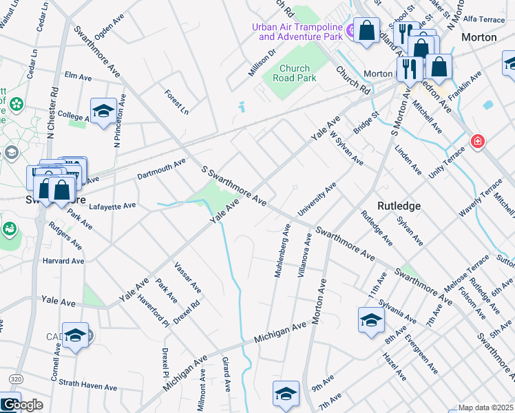 map of restaurants, bars, coffee shops, grocery stores, and more near 320 South Swarthmore Avenue in Swarthmore