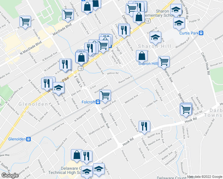 map of restaurants, bars, coffee shops, grocery stores, and more near 1505 Woodland Avenue in Folcroft