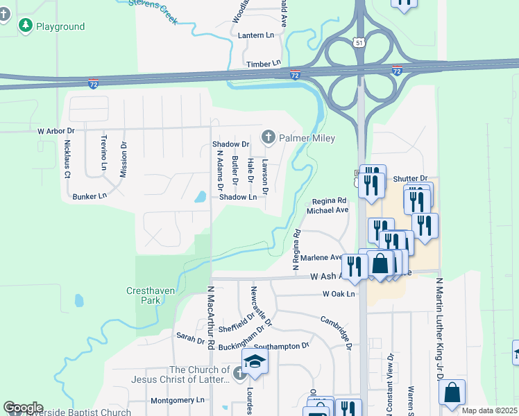 map of restaurants, bars, coffee shops, grocery stores, and more near 4301 Lawson Drive in Decatur