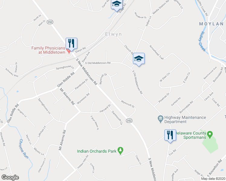 map of restaurants, bars, coffee shops, grocery stores, and more near 24 Wyncroft Drive in Media
