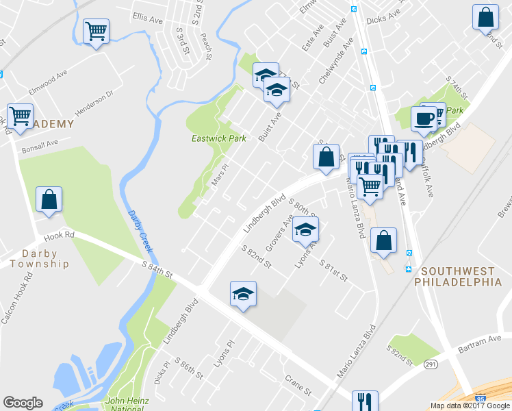 map of restaurants, bars, coffee shops, grocery stores, and more near 8039 Lindbergh Boulevard in Philadelphia