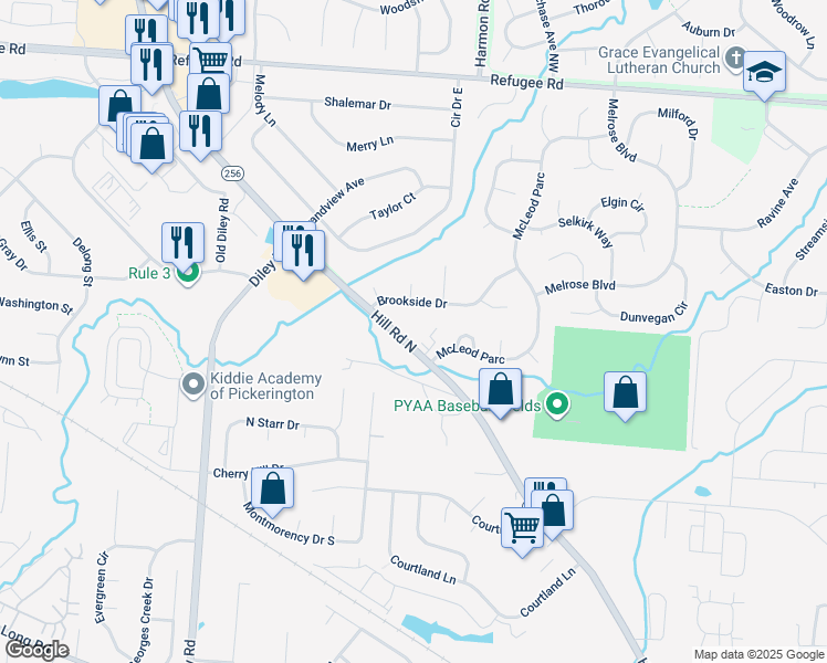 map of restaurants, bars, coffee shops, grocery stores, and more near 692 Hill Road North in Pickerington
