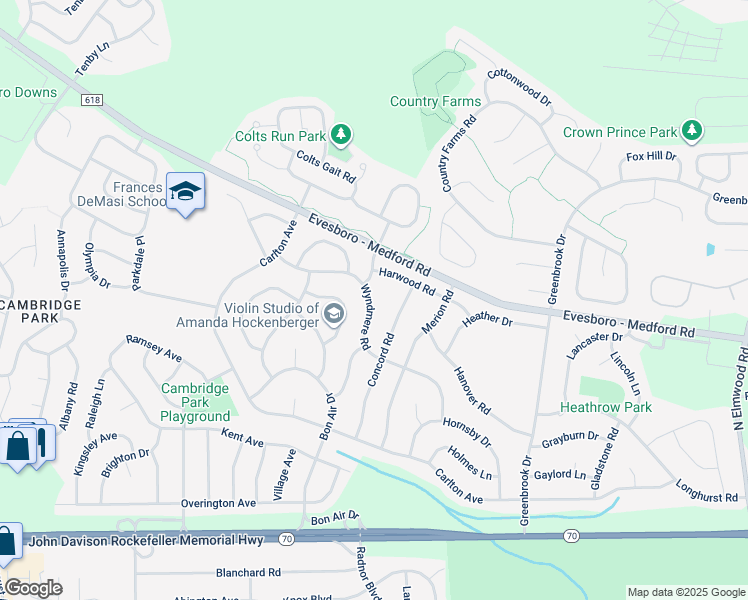 map of restaurants, bars, coffee shops, grocery stores, and more near 123 Wyndmere Road in Evesham