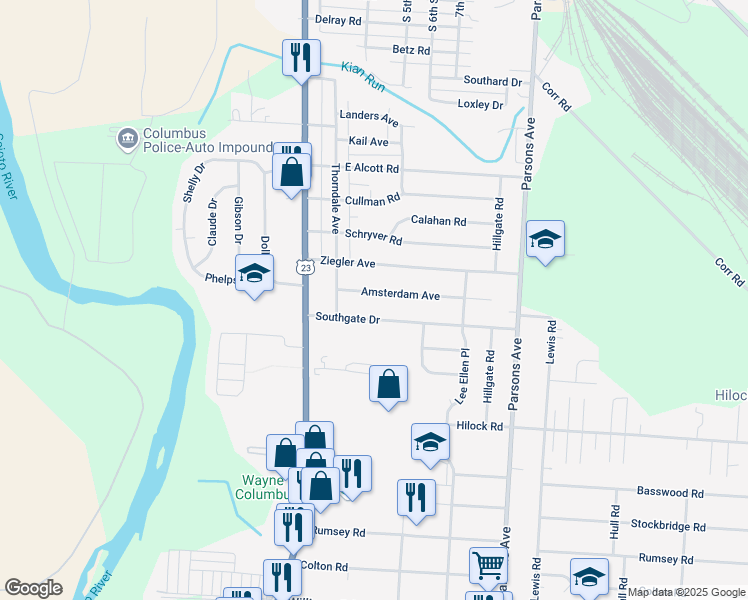 map of restaurants, bars, coffee shops, grocery stores, and more near 118 Southgate Drive in Columbus